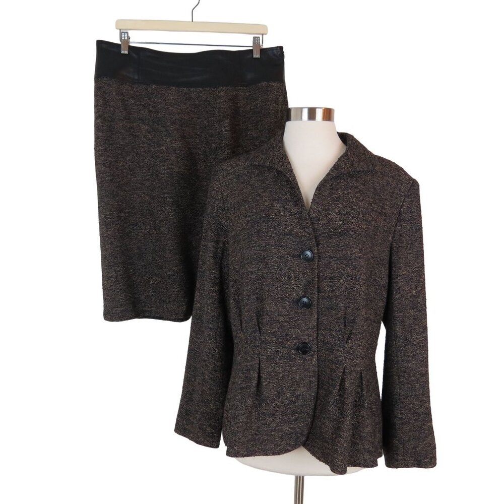 LAFAYETTE 148 Women's Brown Tweed Blazer Skirt Suit with Leather Trim Size 12/14